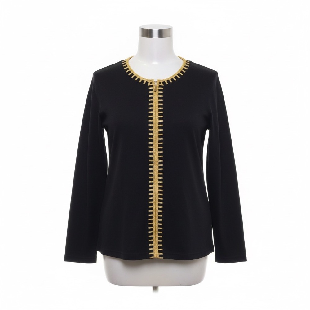Bobbie Brooks Cardigan Black Gold Full Zip Top M Sparkle Shimmer Glam Statement